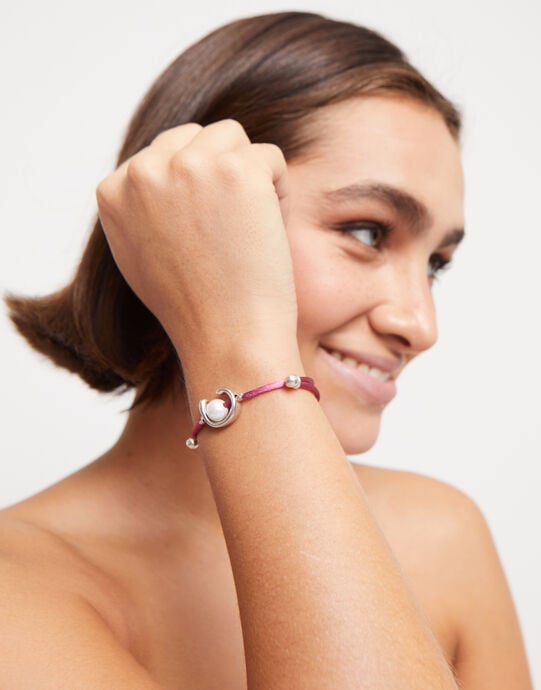 Mauve cord bracelet with a pearl, Silver, large